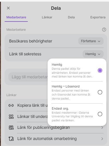 Bilden visar delningsvyn i Padlet.