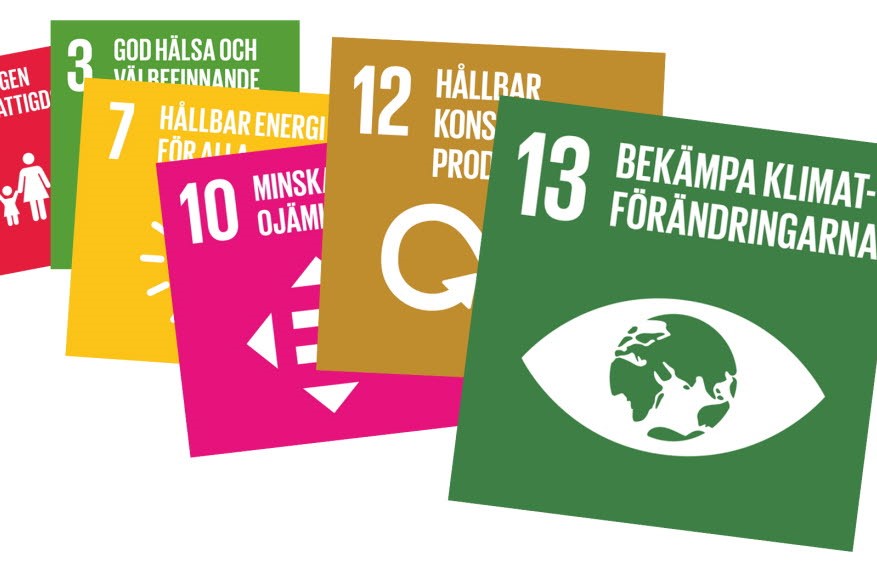 På bilden syns loggan för FN:s globala mål nummer 13, "bekämpa klimatförändringarna", och bakom skymtar loggor för mål nummer 1, 3, 7, 10 och 12.